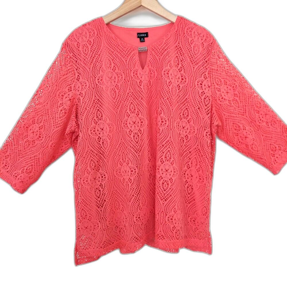 Links Womens Top 2X Lace Overlay Orange Coral 3/4 Sleeves Stretch
